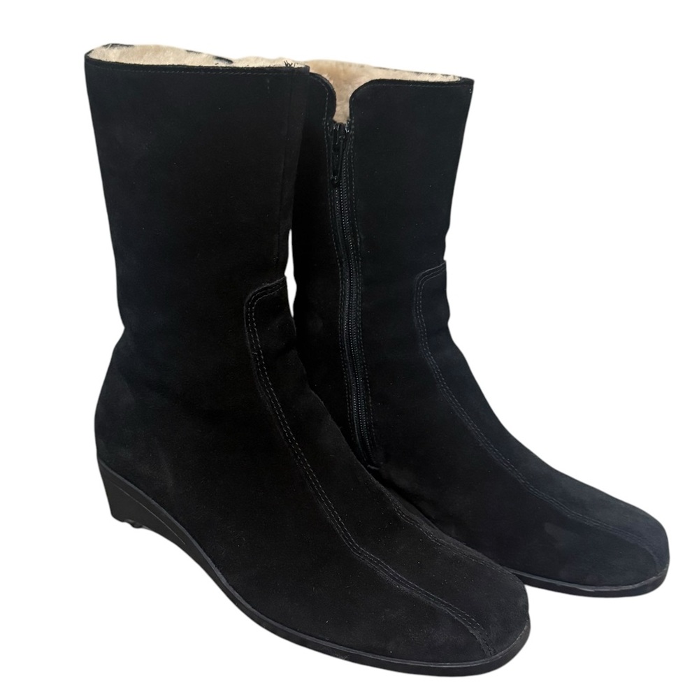 La CANADIENNE Elena Waterproof Black Suede Shearling Lined Boots Womens Size 7.5 - Picture 3 of 8